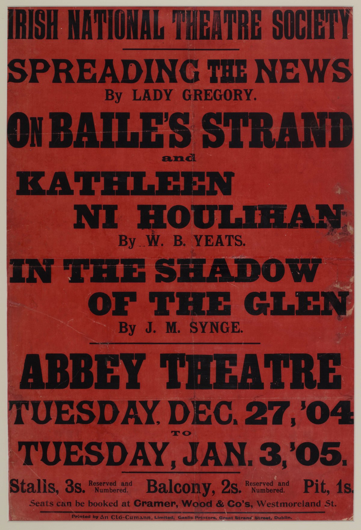 The poster for the Abbey Theatre's first week in Dublin, December 27, 1904, to January 3, 1905, with Spreading the News listed first (National Library of Ireland / Wikimedia Commons, public domain) [file photo]