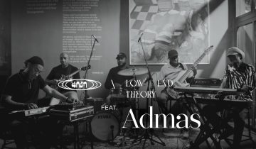 Five musicians of Admas play keyboards, guitar, drums and bass in a sunlit room at Fabrica in Addis Ababa, with the words Low End Theory feat. Admas over the image